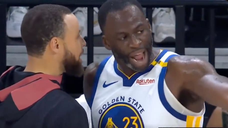 Steph Curry attempts to cool Draymond Green off after the Golden State Warriors forward received a technical foul against the Minnesota Timberwolves | Screenshot via namxsj on X