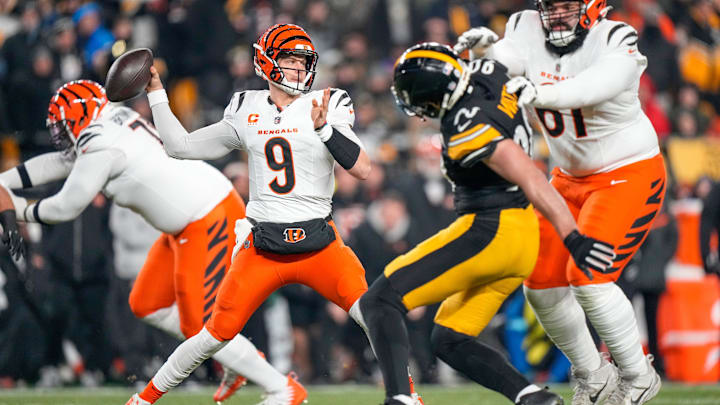 Cincinnati Bengals quarterback Joe Burrow (9) throws from the pocket in the first quarter of the NFL Week 18 game between the Pittsburgh Steelers and the Cincinnati Bengals at Acrisure Stadium in Pittsburgh on Saturday, Jan. 4, 2025. Cincinnati Bengals quarterback Joe Burrow (9) throws from the pocket in the first quarter of the NFL Week 18 game between the Pittsburgh Steelers and the Cincinnati Bengals at Acrisure Stadium in Pittsburgh on Saturday, Jan. 4, 2025.