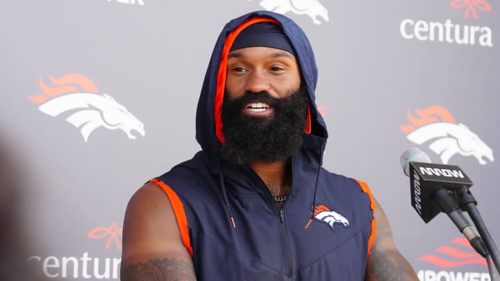 Jul 29, 2023; Englewood, CO, USA; Denver Broncos running back Samaje Perine (25) speaks following training camp at the Centura Health Training Center. Mandatory Credit: Ron Chenoy-USA TODAY Sports