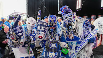 Apr 27, 2023; Kansas City, MO, USA; Indianapolis Colts fans pose for a photo before the first round