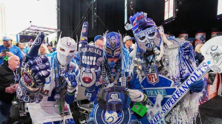 Apr 27, 2023; Kansas City, MO, USA; Indianapolis Colts fans pose for a photo before the first round