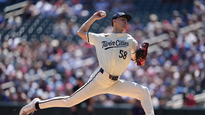 Minnesota Twins starting pitcher David Festa (58) delivers a pitch during the first inning against the Cleveland Guardians at Target Field in Minneapolis on Aug. 11, 2024.