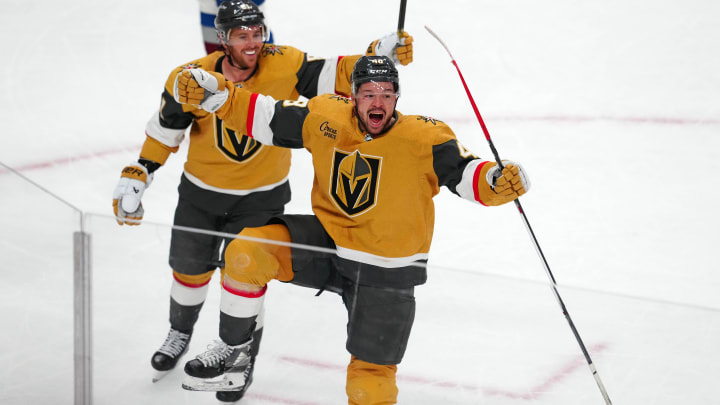 Apr 14, 2024; Las Vegas, Nevada, USA; Vegas Golden Knights center Tomas Hertl (48) celebrates with Vegas Golden Knights right wing Jonathan Marchessault (81) after scoring a goal against the Colorado Avalanche during an overtime period to give the Golden Knights a 4-3 victory at T-Mobile Arena. Mandatory Credit: Stephen R. Sylvanie-USA TODAY Sports