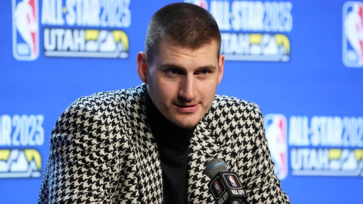 Feb 19, 2023; Salt Lake City, UT, USA; Team LeBron center Nikola Jokic (15) speaks to the media after the 2023 NBA All-Star Game against Team Giannis at Vivint Arena. Mandatory Credit: Kirby Lee-USA TODAY Sports