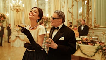 MARIA. (L to R) Angelina Jolie as Maria Callas and Haluk Bilginer as Aristotle Onassis in Maria. 