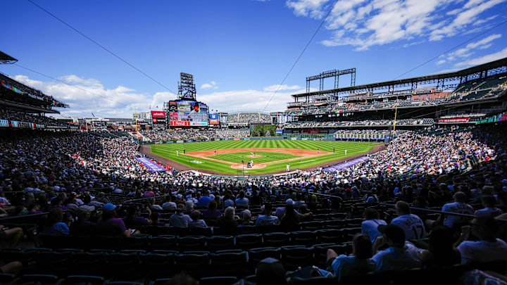 Sep 21, 2025; Denver, Colorado, USA; General wide angle view of Coors Field during the game between the Los Angeles Angels against the Colorado Rockies.