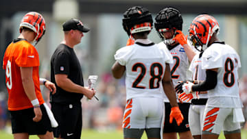 Jul 27, 2023; Cincinnati, Ohio, USA; Cincinnati Bengals head coach Zac Taylor talks with the