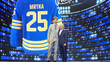Jun 27, 2025; Los Angeles, California, USA; Radim Mrtka is selected as the ninth overall pick to the Buffalo Sabres in the first round of the 2025 NHL Draft at Peacock Theater. Mandatory Credit: Kirby Lee-Imagn Images
