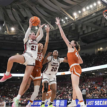 Mar 9, 2025; Greenville, SC, USA; South Carolina Gamecocks forward Chloe Kitts (21) shoots over Texas Longhorns forward Taylor Jones (44) during the second half at Bon Secours Wellness Arena. Mandatory Credit: Jim Dedmon-Imagn Images