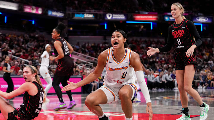 Phoenix Mercury forward Satou Sabally (0) yells in frustration Wednesday, July 30, 2025, during the game at Gainbridge Fieldhouse in Indianapolis. The Indiana Fever defeated the Phoenix Mercury, 107-101. Phoenix Mercury forward Satou Sabally (0) yells in frustration Wednesday, July 30, 2025, during the game at Gainbridge Fieldhouse in Indianapolis. The Indiana Fever defeated the Phoenix Mercury, 107-101.