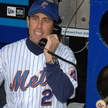 Avid New York Mets fan Jerry Seinfeld in the dugout