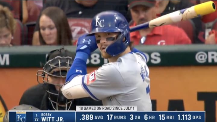 Kansas City Royals SS Bobby Witt Jr. with a custom Backyard Sports bat on MLB Players' Weekend