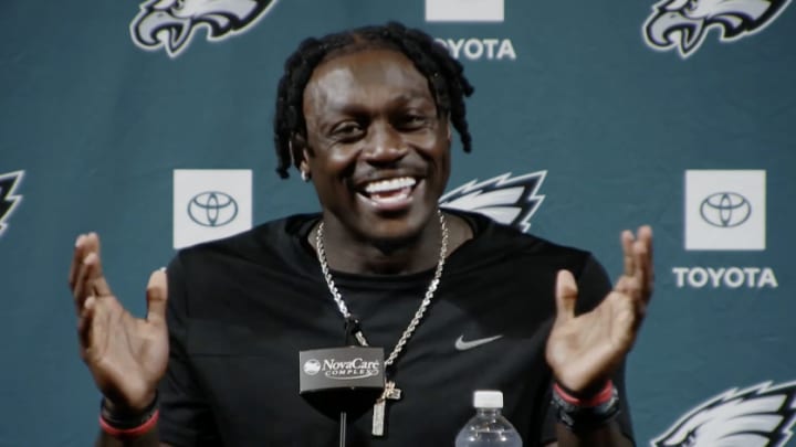 Philadelphia Eagles wide receiver A.J. Brown speaks to reporters during a media session at the Novacare Complex on Thursday, August 29, 2024. 