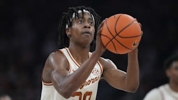 Feb 11, 2025; Austin, Texas, USA; Texas Longhorns guard Tre Johnson (20) shoots a free throw during the first half against the Alabama Crimson Tide at Moody Center. Mandatory Credit: Scott Wachter-Imagn Images