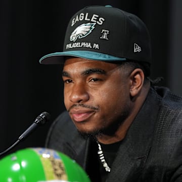 Apr 24, 2025; Green Bay, WI, USA; Jihaad Campbell speaks in a press conference after being selected by the Philadelphia Eagles as the number 31 pick in the first round of the 2025 NFL Draft at Lambeau Field. Mandatory Credit: Kirby Lee-Imagn Images