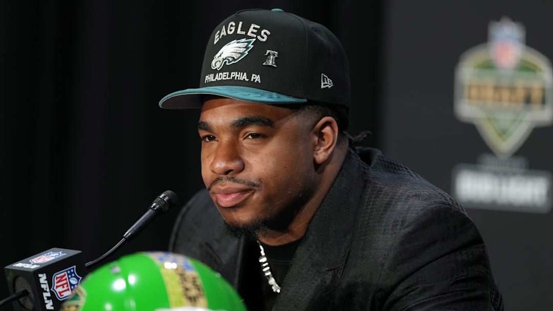 Apr 24, 2025; Green Bay, WI, USA; Jihaad Campbell speaks in a press conference after being selected by the Philadelphia Eagles as the number 31 pick in the first round of the 2025 NFL Draft at Lambeau Field. Mandatory Credit: Kirby Lee-Imagn Images