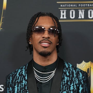 Feb 6, 2025; New Orleans, LA, USA;  Jayden Daniels on the red carpet before Super Bowl LIX NFL Honors at Saenger Theatre. Mandatory Credit: Kirby Lee-Imagn Images