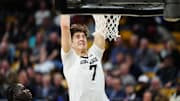 Feb 15, 2025; Boulder, Colorado, USA; Colorado Buffaloes forward Sebastian Rancik (7) dunks in the second half against the UCF Knights at the CU Events Center. 