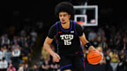 Mar 8, 2025; Boulder, Colorado, USA; TCU Horned Frogs forward David Punch (15) controls the ball in the first half against the Colorado Buffaloes at the CU Events Center. Mandatory Credit: Ron Chenoy-Imagn Images
