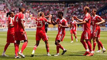 Bayern Munich players celebrating a goal against Auckland City FC.