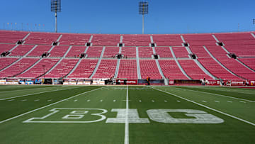 Aug 30, 2025; Los Angeles, California, USA; The Big Ten Conference logo at United Airlines Field at Los Angeles Memorial Coliseum. Mandatory Credit: Kirby Lee-Imagn Images