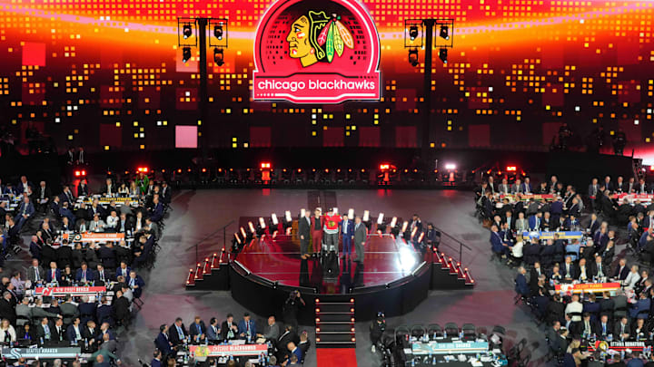 Jun 28, 2024; Las Vegas, Nevada, USA; Artyom Levshunov is selected with the 2nd overall pick of the 2024 NHL Draft by the Chicago Blackhawks at The Sphere. Mandatory Credit: Joe Camporeale-Imagn Images