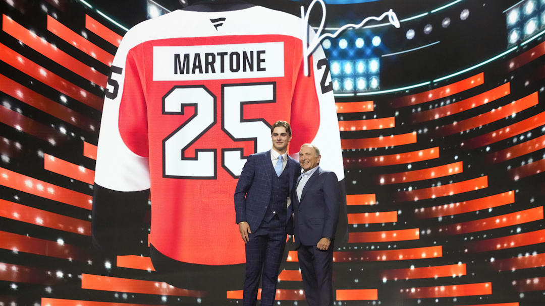 Jun 27, 2025; Los Angeles, California, USA; Porter Martone is selected as the sixth overall pick to the Philadelphia Flyers in the first round of the 2025 NHL Draft at Peacock Theater. Mandatory Credit: Kirby Lee-Imagn Images
