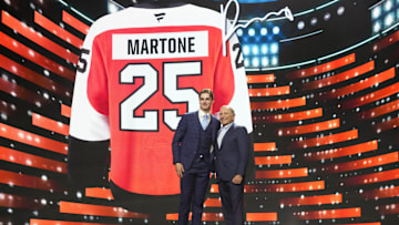 Jun 27, 2025; Los Angeles, California, USA; Porter Martone is selected as the sixth overall pick to the Philadelphia Flyers in the first round of the 2025 NHL Draft at Peacock Theater. Mandatory Credit: Kirby Lee-Imagn Images