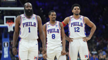 James Harden, De'anthony Melton and Tobias Harris, Philadelphia 76ers