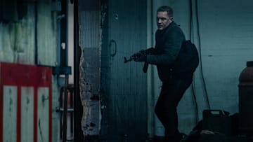 In his search for Brendan and Seraphina, Harry (Tom Hardy) dishes out carnage via firepower in MobLand episode 7. Photo Credit: Luke Varley/Paramount+