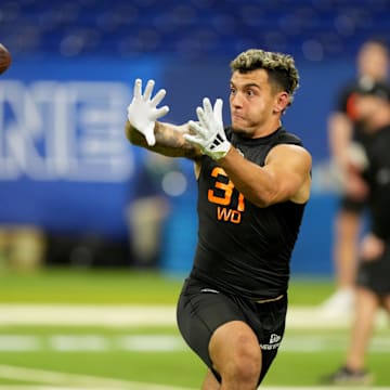 Miami wideout Xavier Restrepo (WO37) during the 2025 NFL Combine at Lucas Oil Stadium. 
