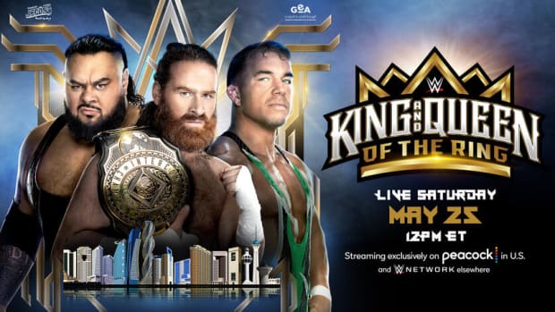 The official poster for the Intercontinental Championship match between champion Sami Zayn, Chad Gable, and Bronson Reed at King and Queen of the Ring 2024.