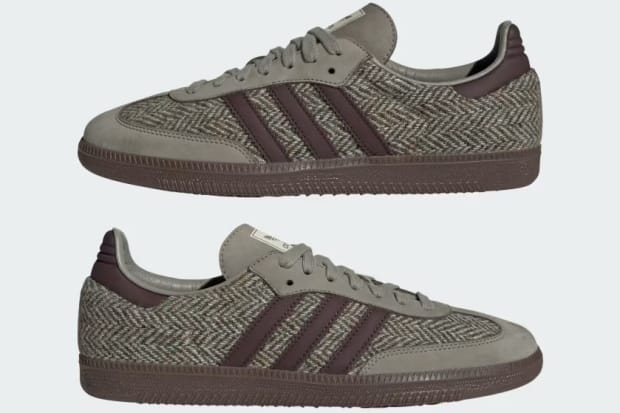 Beige and brown adidas sneakers.