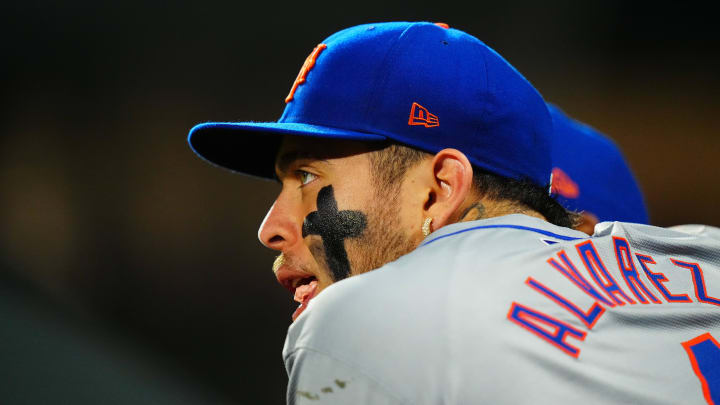 Aug 7, 2024; Denver, Colorado, USA; New York Mets catcher Francisco Alvarez (4) during the ninth inning against the Colorado Rockies at Coors Field. Mandatory Credit: Ron Chenoy-USA TODAY Sports