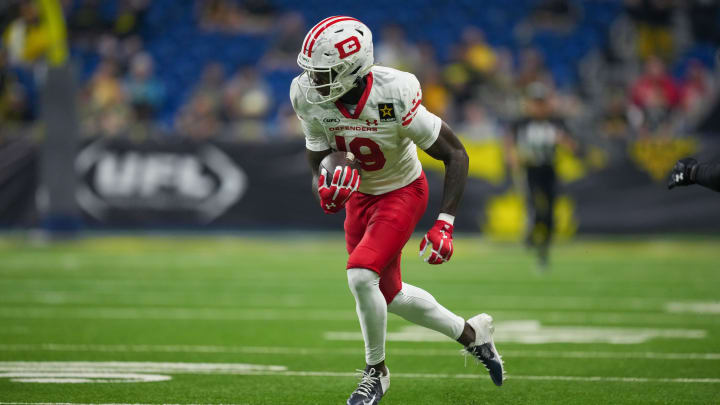 Mar 31, 2024; San Antonio, TX, USA;  DC Defenders wide receiver Ty Scott (19) runs the ball in the second half against the San Antonio Brahmas at The Alamodome