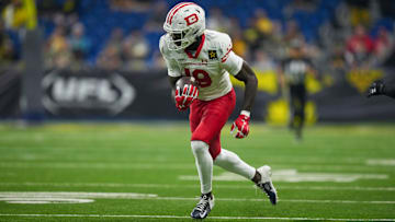Mar 31, 2024; San Antonio, TX, USA;  DC Defenders wide receiver Ty Scott (19) runs the ball in the second half against the San Antonio Brahmas at The Alamodome. Mandatory Credit: Daniel Dunn-Imagn Images
