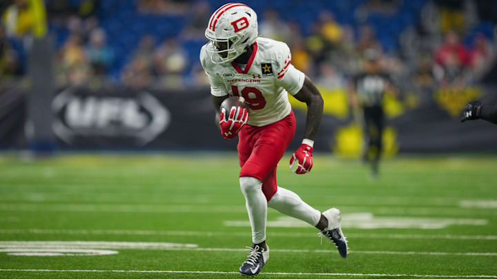 Mar 31, 2024; San Antonio, TX, USA;  DC Defenders wide receiver Ty Scott (19) runs the ball in the second half against the San Antonio Brahmas at The Alamodome. Mandatory Credit: Daniel Dunn-Imagn Images