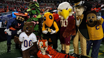 Dec 7, 2024; Charlotte, NC, USA; ACC mascots during the first quarter between the Southern Methodist Mustangs and Clemson Tigers in the 2024 ACC Championship game at Bank of America Stadium. Mandatory Credit: Jim Dedmon-Imagn Images