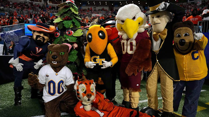 Dec 7, 2024; Charlotte, NC, USA; ACC mascots during the first quarter between the Southern Methodist Mustangs and Clemson Tigers in the 2024 ACC Championship game at Bank of America Stadium. Mandatory Credit: Jim Dedmon-Imagn Images