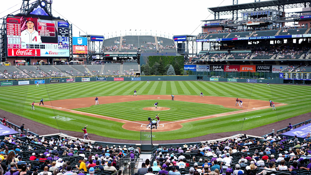 Aug 17, 2025; Denver, Colorado, USA; General wide view of Coors Field in the second inning between the Arizona Diamondbacks and the Colorado Rockies. 