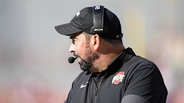 Oct 18, 2025; Madison, Wisconsin, USA; Ohio State Buckeyes head coach Ryan Day looks on in the first quarter against the Wisconsin Badgers at Camp Randall Stadium. Mandatory Credit: Jeff Hanisch-Imagn Images