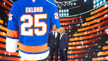 Jun 27, 2025; Los Angeles, California, USA; Victor Eklund is selected as the 16th overall pick to the New York Islanders in the first round of the 2025 NHL Draft at Peacock Theater.