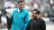 Nov 2, 2025; Paradise, Nevada, USA; Jacksonville Jaguars general manager Tony Boselli (left) and owner Shad Khan during the game against the Las Vegas Raiders at Allegiant Stadium. Mandatory Credit: Kirby Lee-Imagn Images