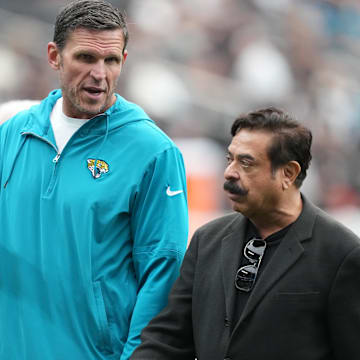 Nov 2, 2025; Paradise, Nevada, USA; Jacksonville Jaguars general manager Tony Boselli (left) and owner Shad Khan during the game against the Las Vegas Raiders at Allegiant Stadium. Mandatory Credit: Kirby Lee-Imagn Images