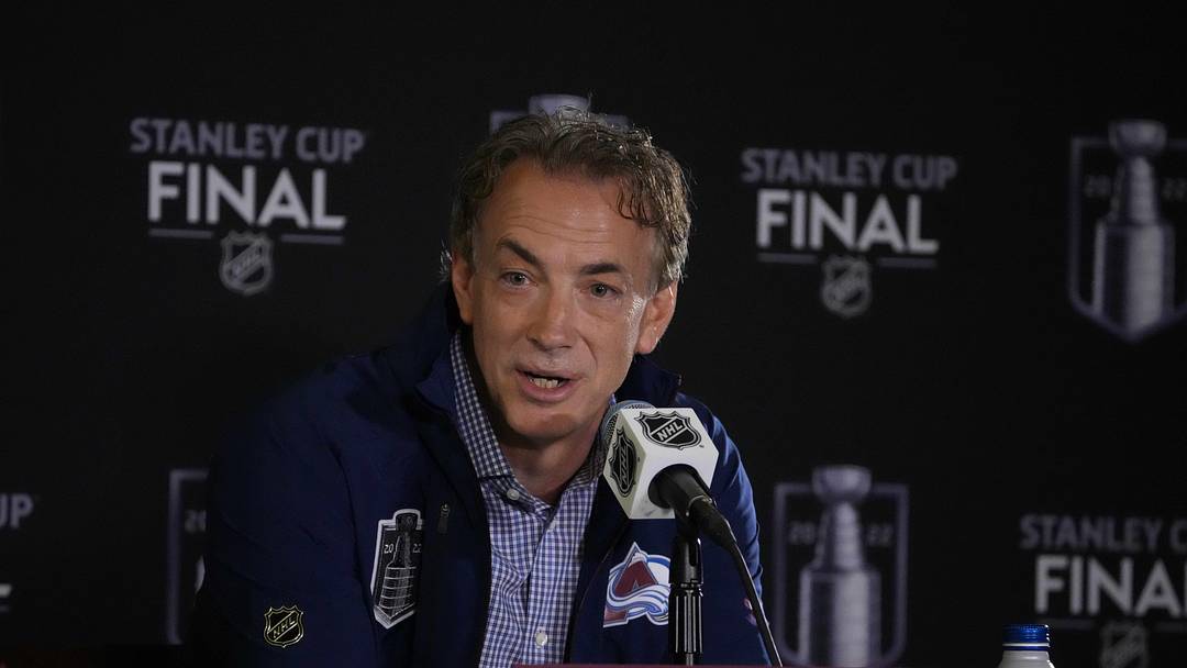 Jun 14, 2022; Denver, Colorado, USA; Colorado Avalanche general manager Joe Sakic speaks during media day for the 2022 Stanley Cup Final at Ball Arena. Mandatory Credit: Ron Chenoy-Imagn Images