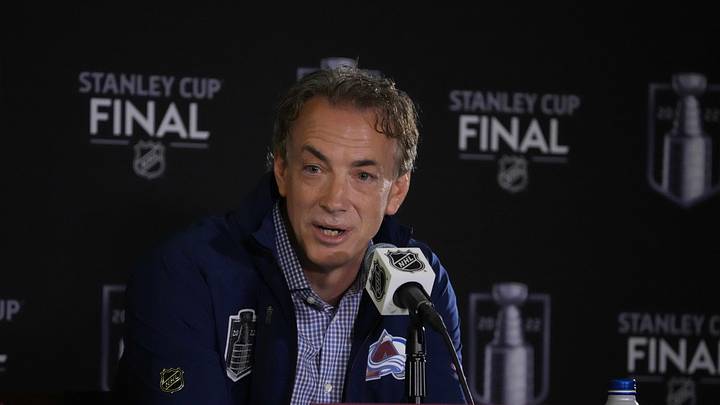 Jun 14, 2022; Denver, Colorado, USA; Colorado Avalanche general manager Joe Sakic speaks during media day for the 2022 Stanley Cup Final at Ball Arena. Mandatory Credit: Ron Chenoy-Imagn Images