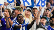 Fans celebrate a touchdown by Indianapolis Colts running back Jonathan Taylor (28) on Sunday, Oct. 5, 2025, during a game against the Las Vegas Raiders at Lucas Oil Stadium in Indianapolis. The Indianapolis Colts defeated the Las Vegas Raiders, 40-6.
