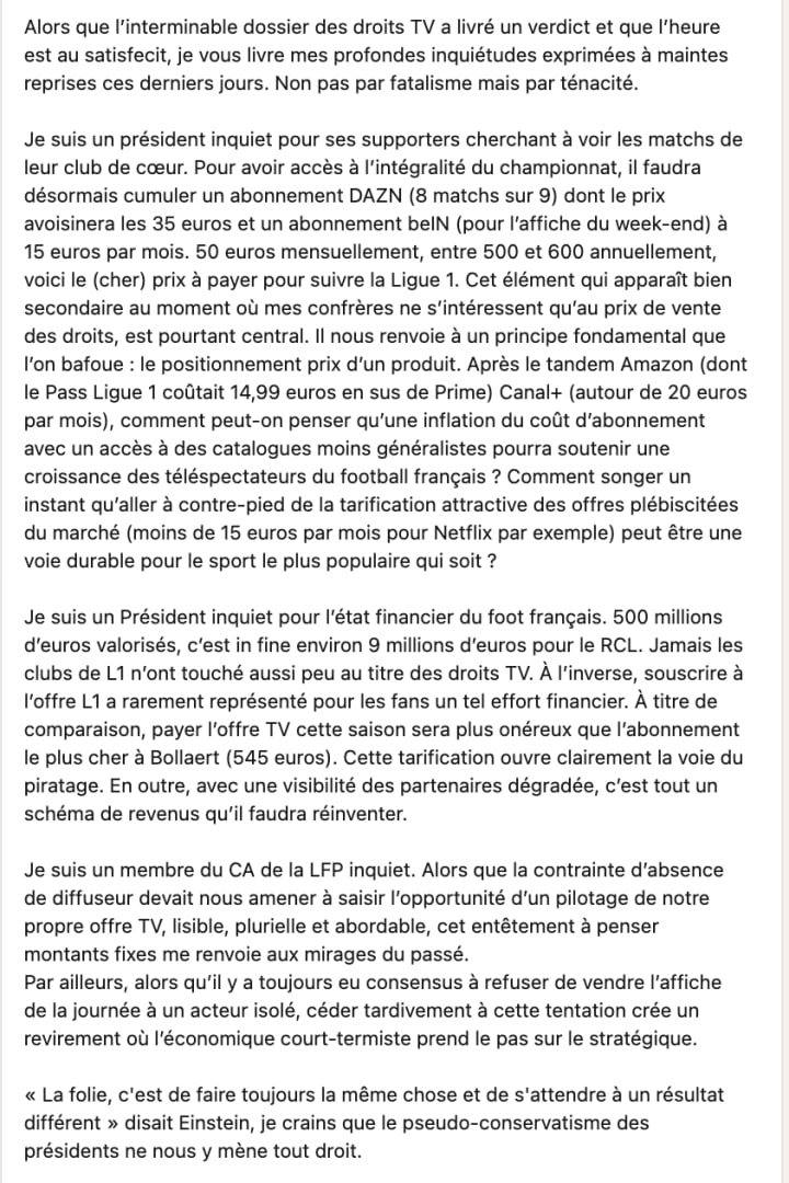 Le message du président du RC Lens sur Linkedin