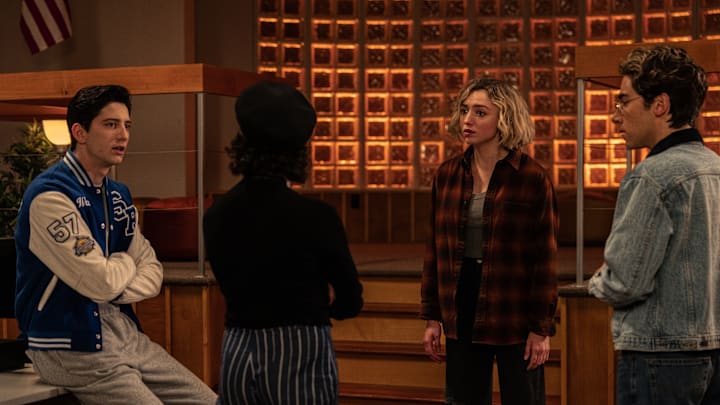 L-R: Milo Manheim as Wally Clark, Peyton List as Maddie Nears, and Nick Pugliese as Charley in School Spirits, episode 1, season 2