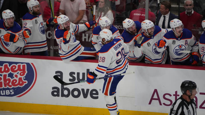 Jun 18, 2024; Sunrise, Florida, USA;  Edmonton Oilers forward Connor Brown (28) celebrates scoring a shorthanded goal against Florida Panthers goaltender Sergei Bobrovsky (72) (not pictured)  during the first period in game five of the 2024 Stanley Cup Final at Amerant Bank Arena. Mandatory Credit: Jim Rassol-USA TODAY Sports
